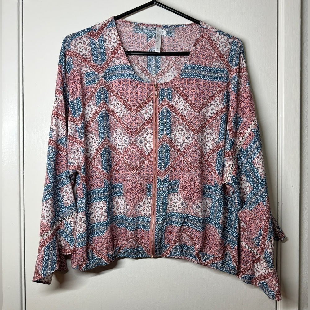 Seafolly Floral Chevron Zip Front Pink Blue White Cover Up Ruffle Top Size S